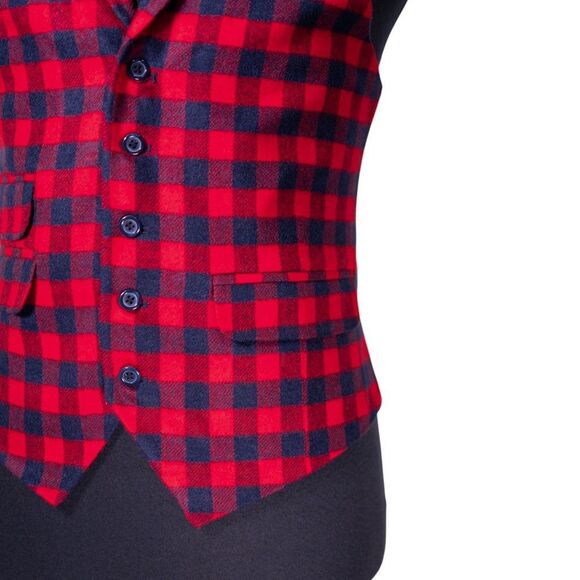 Mens Vest 40R Red Blue Plaid Check Wool Waistcoat Medium Formal Wedding Party - Picture 6 of 10